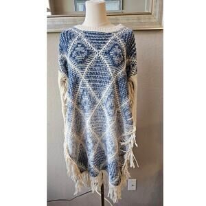 Tea n Rose Boho Knit Long Fringed Hem Pullover Sweater Western S/M Blue Cream